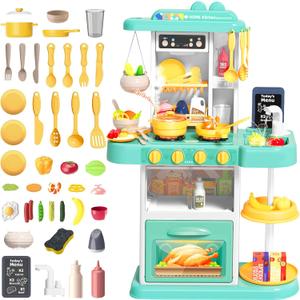 deAO Kids Kitchen Playset, 54 PCS Kitchen Toys for Toddlers with Realistic Lights & Sounds, Play Kitchen Pretend Play Fruit Vegetables for Boys Girls Birthady Gifts(Blue)