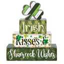 Huquary 4 Pcs St Patricks Day Table Decorations Shamrocks St. Patrick's Day Tiered Tray Decor Irish Clover Blocks Lucky Print for Party Home Desk(Fresh Style)