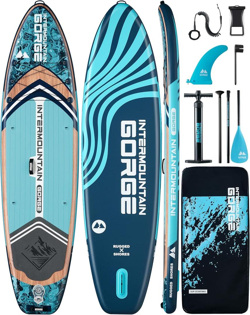 11'x34 Ultra Wide Paddleboard, Inflatable SUP&430lb Capacity for All Skill, Stand-up Paddle Board for Yoga/Family, EVA Deck, US Fin, High-Pressure Pump, 100L Bag, Safety Leash,  Woodgrain Blue 