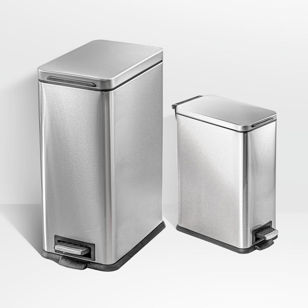 Home Zone Living 8 Gallon and 3 Gallon Slim Stainless Steel Trash Can Combo Set with Soft-Close Lid and Bag Tuck Design, Silver