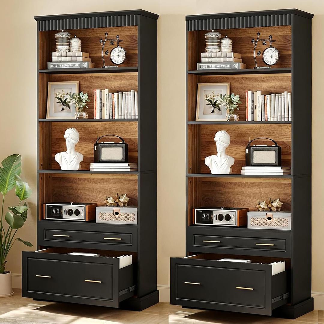 LITTLE TREE 72" Tall Black Bookcase, 5-Tier Office Bookself with File Cabinet Drawers,Modern Floor Standing Storage Filing Cabinet Book Shelf for Living Room,Bedroom(1 Piece,Black)