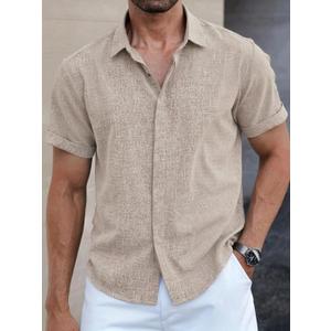 Men's Button Down Shirt Short Sleeve Casual Summer Beach Business Shirt (Beige, XXL)