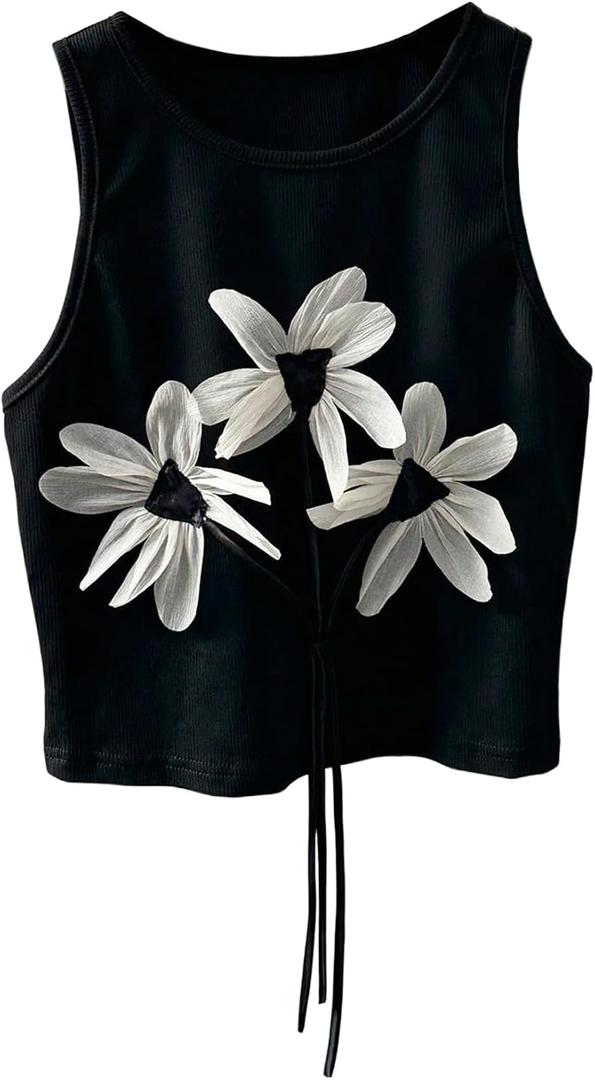 SOLY HUX Women's 3D Floral Crew Neck Sleeveless Summer Crop Tank Tops | Cute Aesthetic Top, Casual Daily, Summer, Cute, Sleeveless Shirts (Black, S)