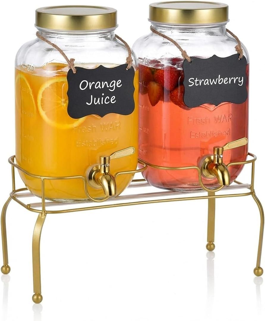 1 Gallon Glass Drink Dispenser Set of 2 Drink Dispensers for Parties, Beverage Dispenser with Stand & 100% Leakproof Spigot, Ideal for Lemonade, Juice, Laundry Detergent Dispenser