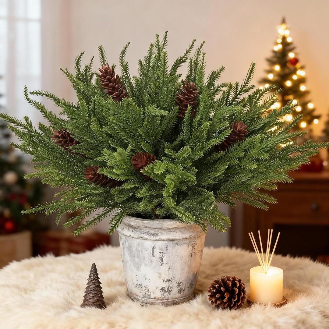 14PCS Christmas Norfolk Pine Stems with 6PCS Big Pine Cones Branches, Real Touch Faux Cedar Pine, Lifelike Greenery Stems Full & Fluffy DIY Fake Evergreen for Holiday Winter Table Xmas Decor