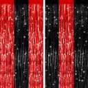 2 Pack Black Red Metallic Tinsel Foil Fringe Curtains, Door Streamers Photo Booth Backdrop for Birthday Party, Tinsel Curtain Backdrop for Baby Shower Bachelorette Christmas Party Decorations