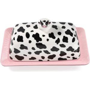 Cow Butter Dish With Lid for Countertop - Cute Funny Ceramic Cover Pink Kitchen Decor, Vintage Large Farmhouse Kitchen Accessories