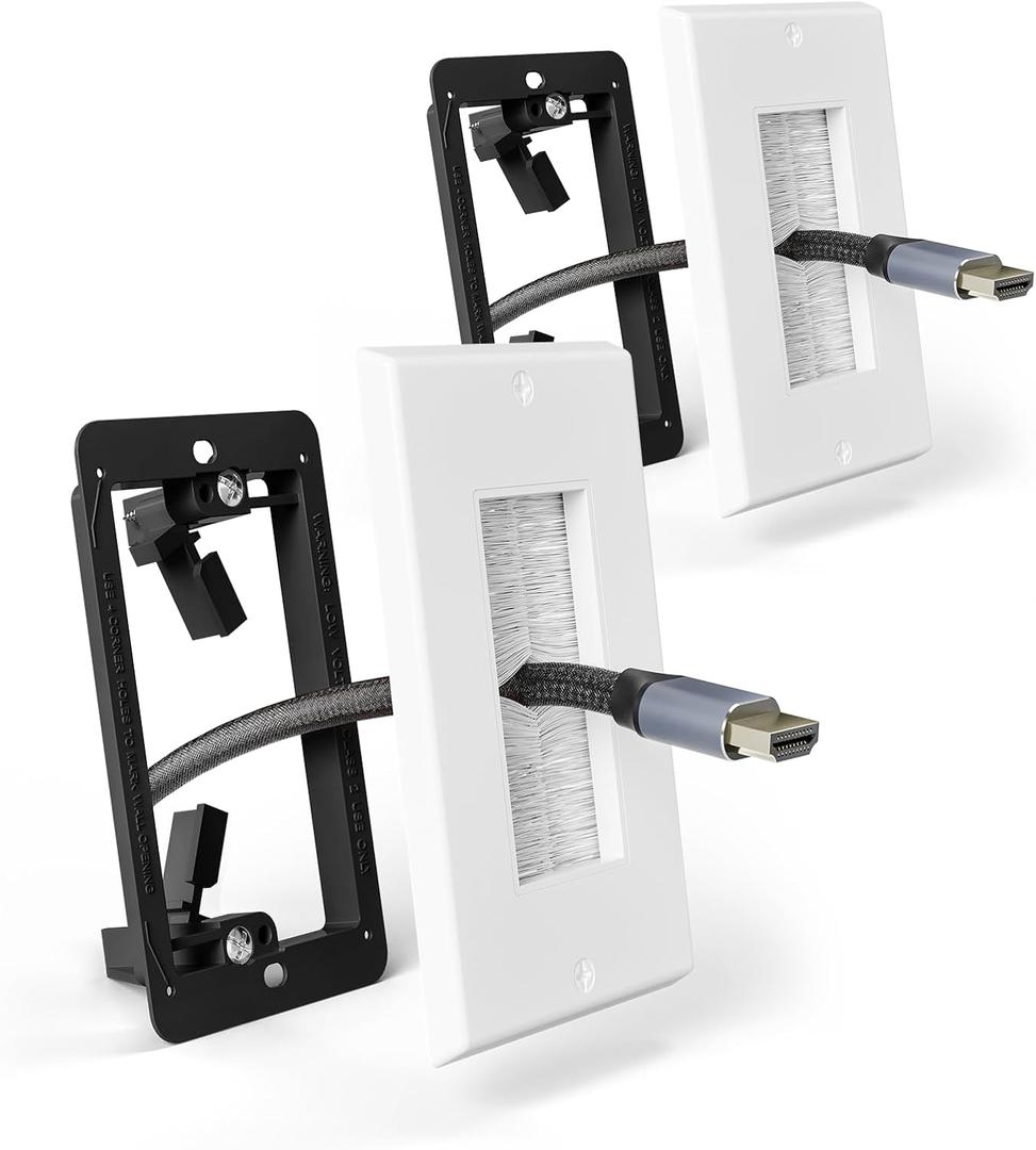 Brush Wall Plate with Mounting Bracket, Cable Pass Through Decorator Cover for Low Voltage Wires, Single Gang Cord Hider for TV Home Theater System, 2 Pack (Black)