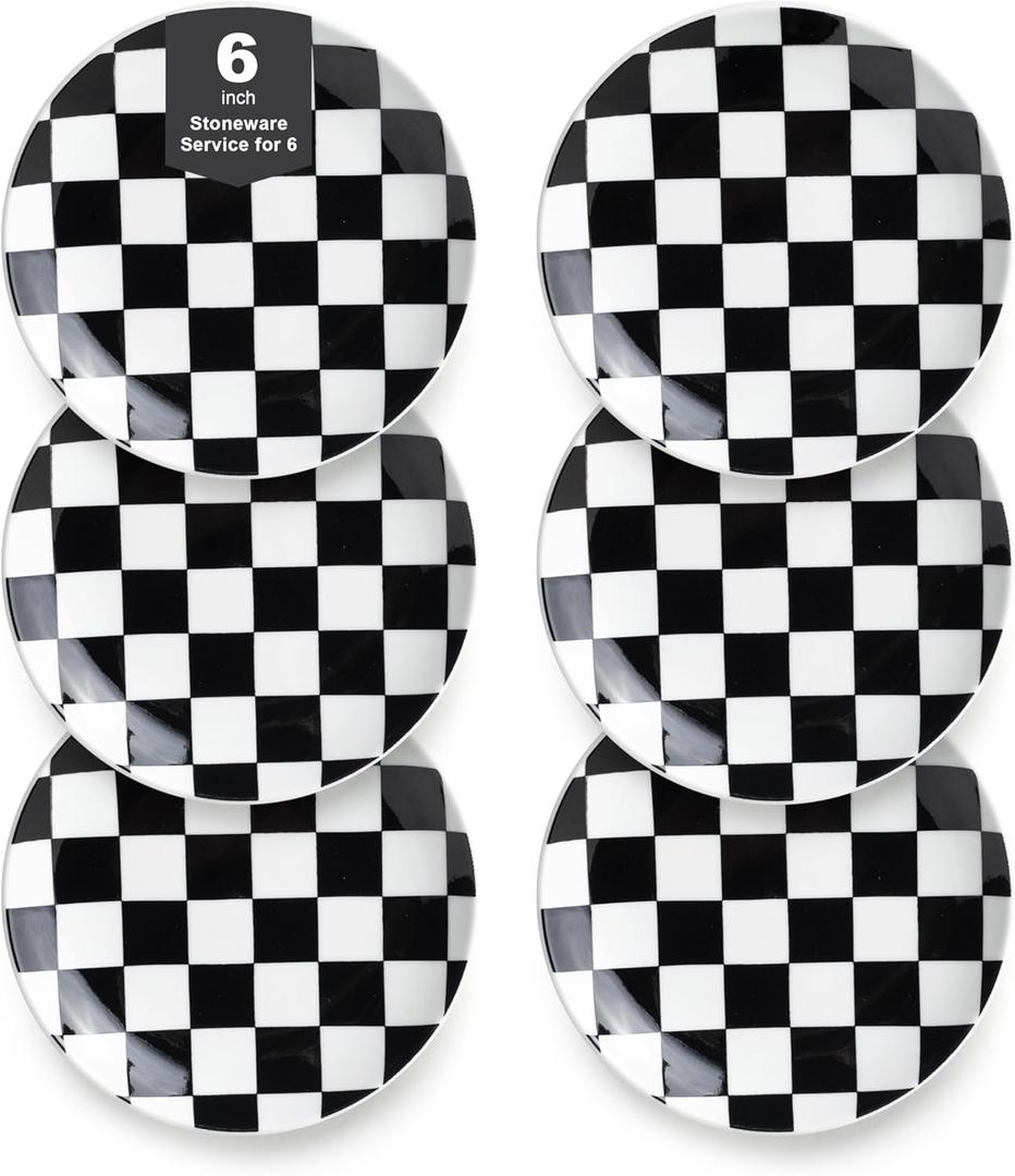 Black and White Checkered Small Dessert Plates Set of 6-6 Inch Ceramic Plates, Microwave & Dishwasher Safe, Minimalist Decorative Platters for Desserts