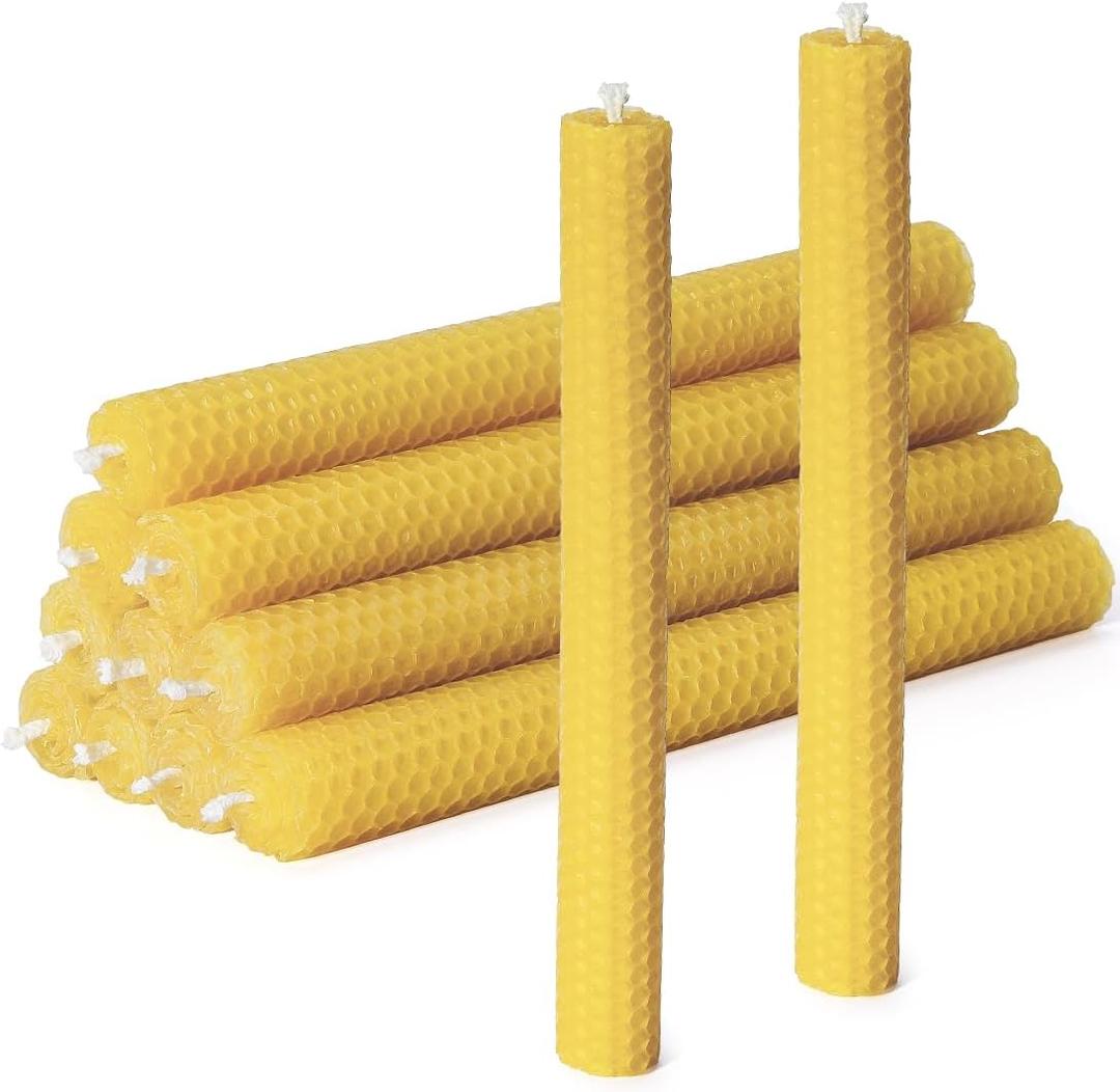 DEYBBY Handmade Beeswax Taper Candles, Dripless Wax Candles, Hand-Rolled Honeycomb Candles for Dinner Party, Set of 12 Flat TopBrown Raw