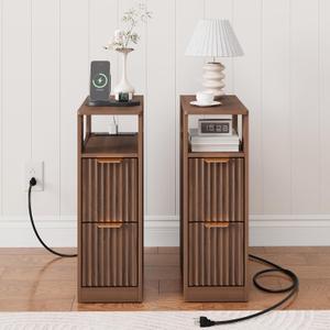 JUSTOGO Narrow Nightstand Set of 2, Fluted End Table with Charging Station, 7.9"W x 15.8"D x 23.9"H