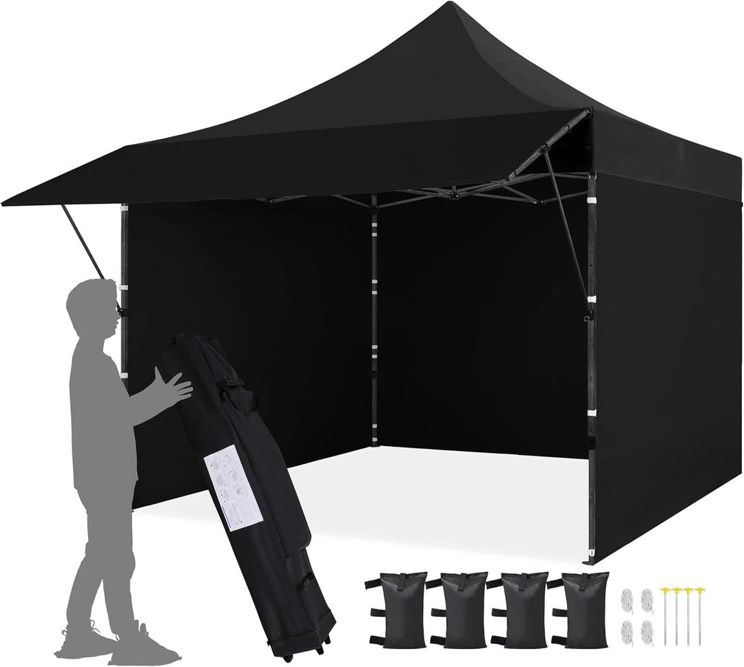 Yaheetech 10x10 Pop up Commercial Canopy Tent with 3 Removable Sidewalls & Awning, Portable Freestanding Shelter, Outdoor Heavy Duty Party Canopies W/Roller Bag, 4 Sandbags, Stakes & Ropes, Black