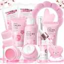 Sakura Skin Care Set for Teens and Women, 15Pcs Skincare Gift Set with Cleanser, Toner, Serum, Face Cream, Eye Cream, Gua Sha Tool, Lip Mask, Peel-Off Mask, Mud Masks, Face Brush and Cosmetic Bag