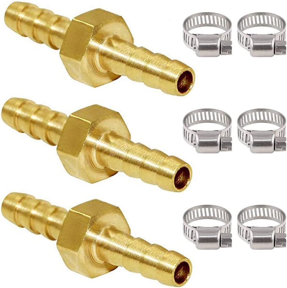 Joywayus 1/4" ID Hose Barb Hex Union Fitting Intersection/Split Brass Water/Fuel/Air with 6 Stainless Steel Clamps (Pack of 3)