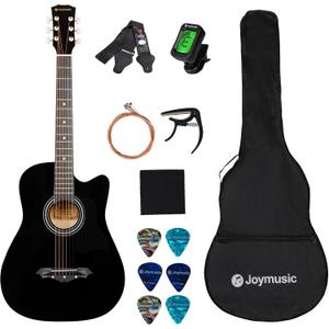 Joymusic 38 inch black beginner acoustic guitar,bundle with a strap with picks holder,digital tuner, set strings, capo,cleaning cloth,6 picks,gig bag.JG-38C,BK