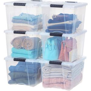 IRIS USA 40 QT Plastic Storage Box with Lid and Latches - 6 Pack - BPA-Free, See-Through Organizing Solution, Durable Nestable Stackable Containers, Secure Pull Handle - Clear