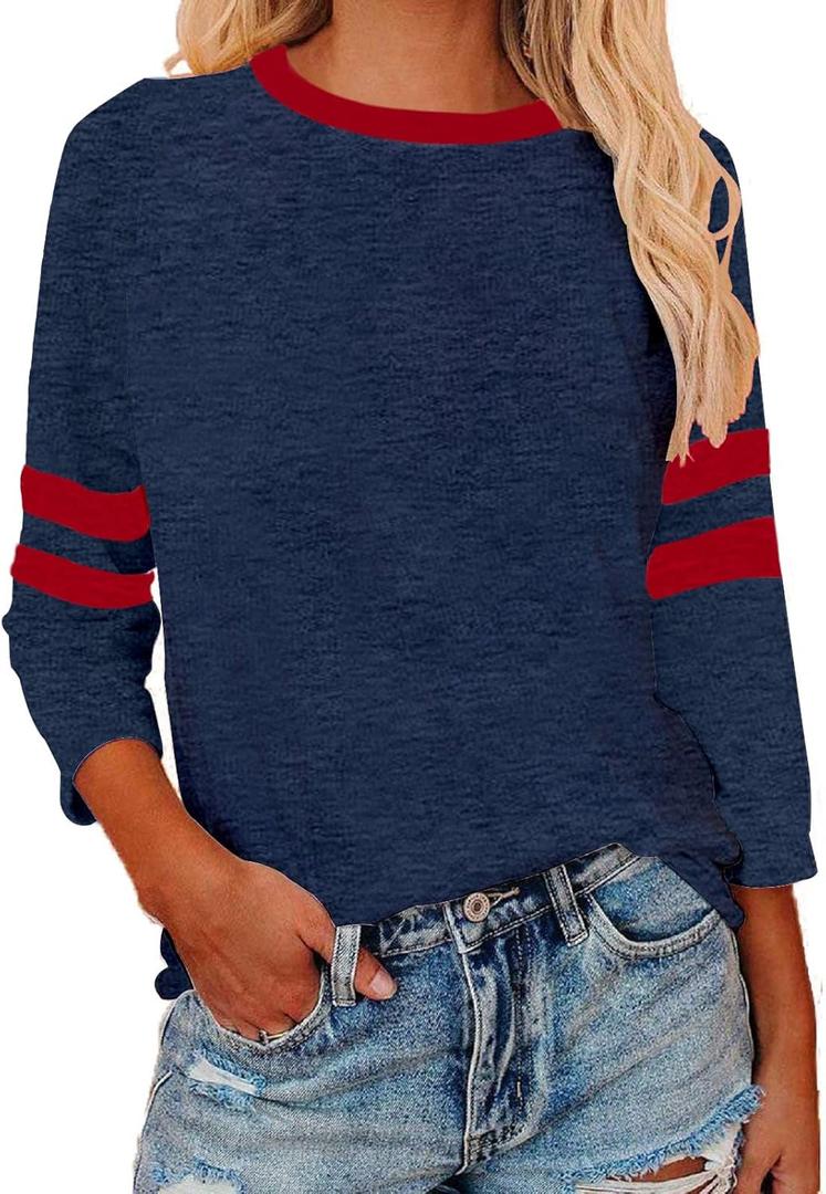 Womens 3/4 Sleeve Fashion Crewneck Tops Patchwork Blouse Casual Loose Comfy Shirt (X-Large, 1 Navy Red)