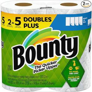 Bounty Paper Towels Select-A-Size, White, 2 Double Plus Rolls = 5 Regular Rolls, 4 Pieces, 8 Rolls