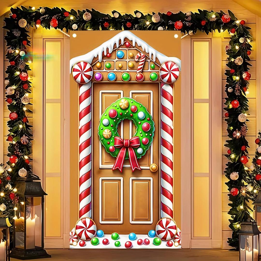 3 x BlissYard Gingerbread House Door Cover 71x35 Inch Christmas Door Banner Winter Holiday Decoration Welcome Porch Sign Christmas Party Photography Backdrop Indoor Outdoor Xmas Door Hanging Banner (Golden)