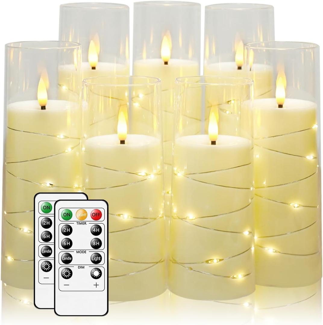 Flameless Candles,with Embedded Star String, Battery Operated Candles Flickering LED Pillar Candles with Remote Control and Timer, Home Decoration Add a Warm and Romantic Atmosphere, Set of 7 (Ivory)