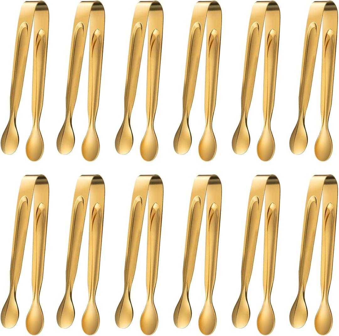 ddseexhe 12PCS Mini Serving Tongs,Stainless Steel Small Appetizer Tongs,4.3Inch Ice Tongs Sugar Tongs Mini Tongs for Appetizers Desserts Ice Bucket,Tea Party,Coffee Bar (Gold)