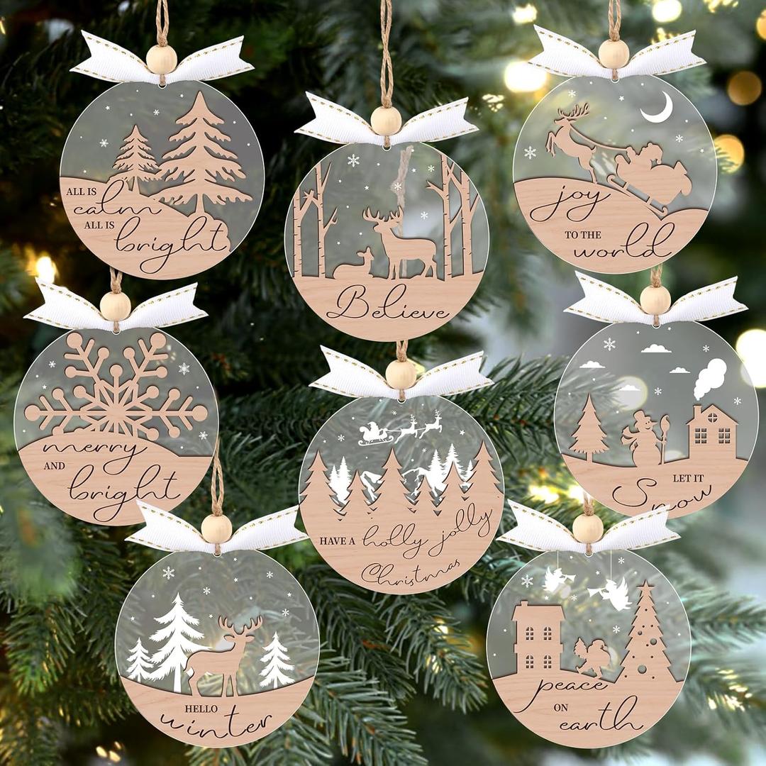 GuassLee 16pcs Winter Christmas Hanging Ornaments for Tree - 3D Wooden Acrylic Christmas Cutouts Reindeer Snowman Snowflake Ornaments for Xmas Tree Gifts Winter Party Supplies (Khaki)