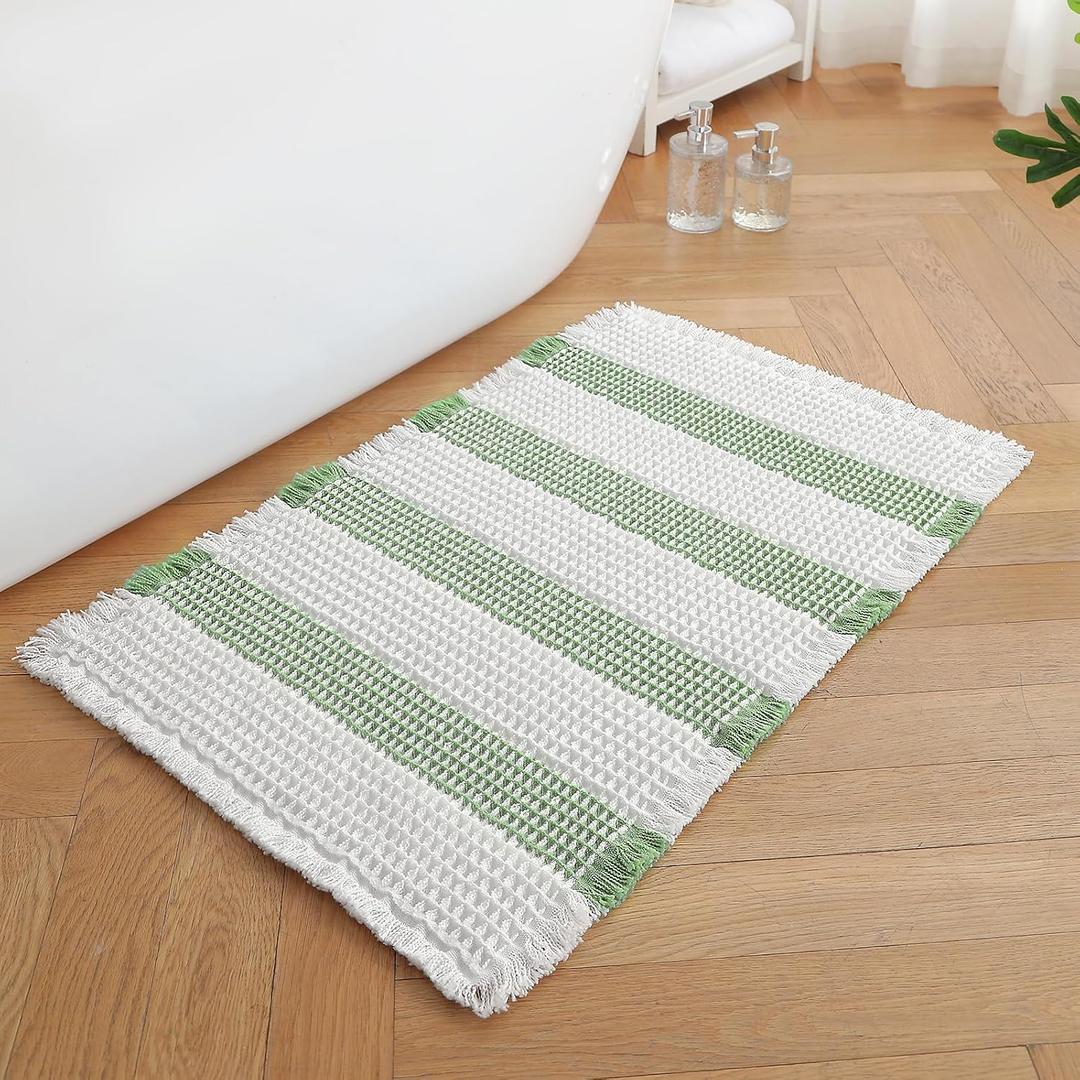 Waffle Bath Mat, Boho Bathroom Rugs Non Slip Washable Absorbent Checkered Bathroom Mat Quick Dry Farmhouse Bathroom Decor for Shower, Tub, Sink, Toilet, Vanity (Green & White, 17" x 24")