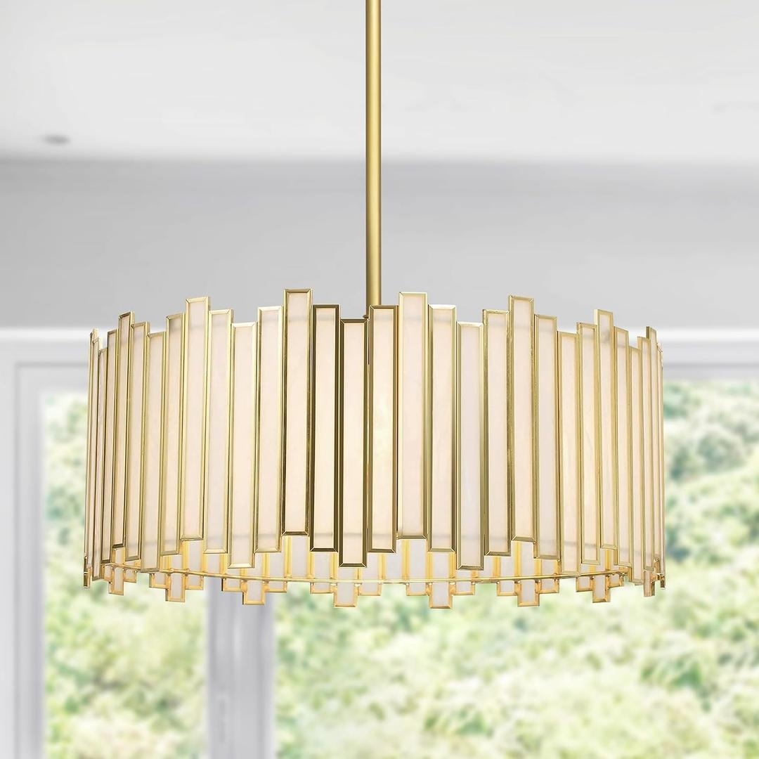 Gold Drum Chandelier 4-Light, Modern Drum Pendant Lighting Fixture with Tiffany Glass Shade, 16 Round Ceiling Hanging Light for Bedroom Dining Room Kitchen Entryway Living Room (Gold)