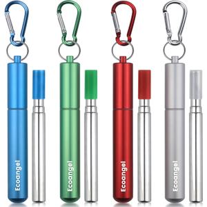 Ecoangel Cruise Ship Essentials,4-Pack reusable Collapsible Stainless Steel Drinking Straws with Aluminum Case,Cleaning Brush,and Keychains-Silver,Blue,Red,Green