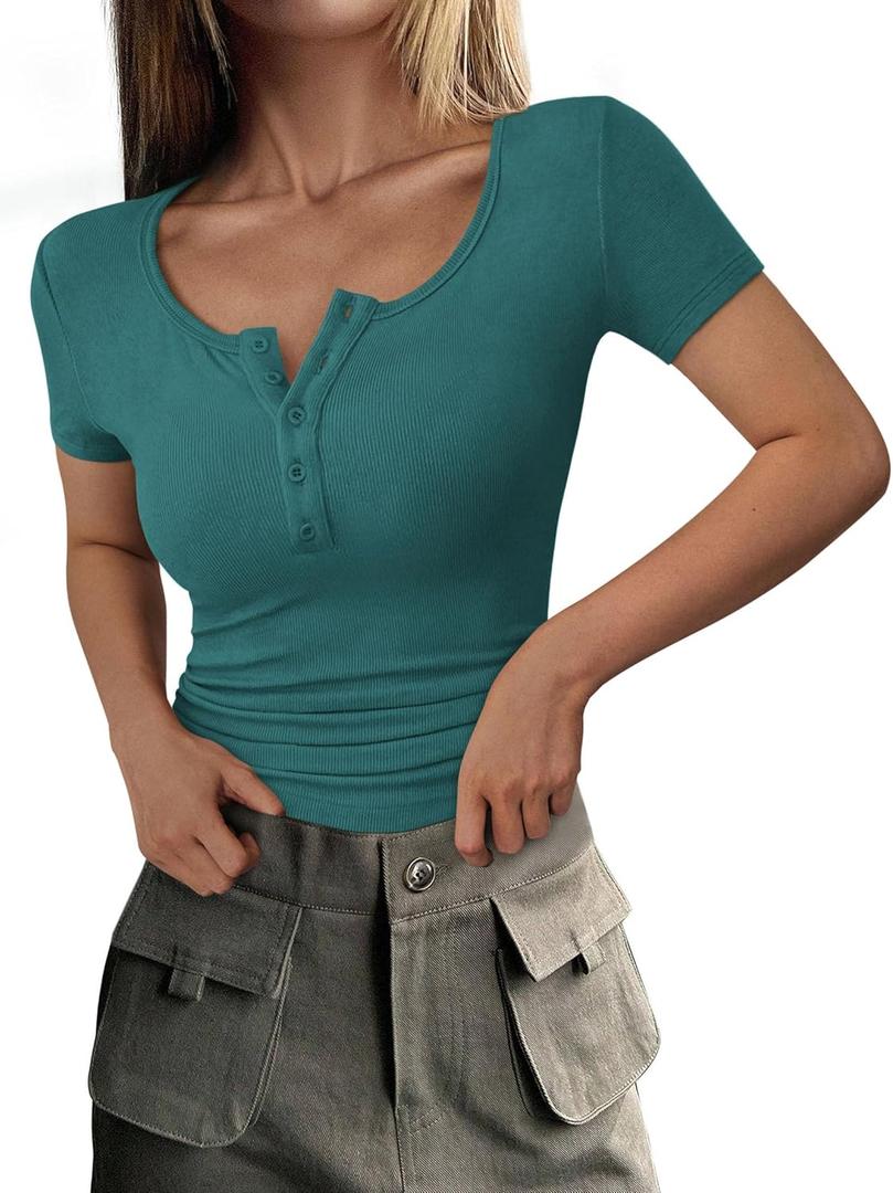 PRETTYGARDEN Womens 2026 Summer Short Sleeve Tops Ribbed Henley Button Slim Fit Basic Casual T Shirts Blouse Fashion Clothing (Blue, M)
