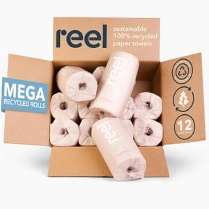 Reel Premium Recycled Paper Towels- 12 Rolls, 2-Ply Made From Tree-Free, 100% Recycled Paper - Eco-Friendly, Hypoallergenic and Zero Plastic Packaging