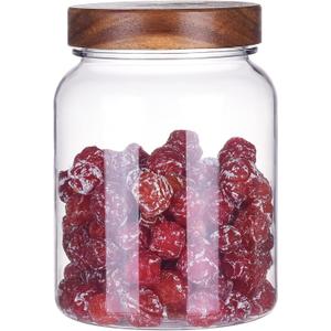 YUEJUM 42 Fluid Ounces Unbreakable & Dishwasher Safe Plastic Apothecary Jar with Wooden Airtight Screw Top Lid, Food Storage Canister for Sugar, Tea, Spices, Coffee, Cookie, Candy Containers