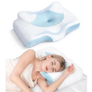 Osteo Cervical Pillow for Neck Pain Relief, Hollow Design Odorless Memory Foam Pillows with Cooling Case, Adjustable Orthopedic Bed Pillow for Sleeping, Support for Side Back Sleepers, Size: Queen(25.5*16.5*5.2/4.1 inches), Blue