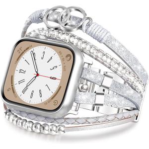 MOFREE Boho Leather Bracelet Compatible with Apple Watch Band 38mm 40mm 41mm Women, Adjustable iPhone Watch Bands Fancy Jewelry Multilayer Strap Wrap for iWatch Bands Series 10 9 8 7 6 5 4 3 2 1 SE (Silver/Grey)