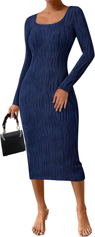 PRETTYGARDEN Womens Spring Dresses 2026 Long Sleeve Square Neck Knit Midi Beach Vacation Clothes Slit Bodycon Long Dress L