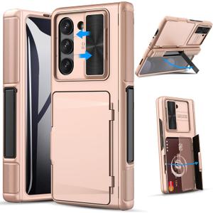 GBEE for Samsung Galaxy Z Fold 5 Case with Stand & Card Holder, Built-in Slide Camera Protective Cover & Screen Protector & Hinge Protection, Sturdy Kickstand Wallet Phone Case for Z Fold 5, Rose Gold