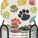 Funny Dog Paw Print 6 Pcs Coaster Set with Holder Round Ceramic Coasters Colorful Cute Beige Kids Cat Pawprint Claw Absorbent Cup Drink Coasters Set for Modern Coffee Table Bar Wine Beer Protect