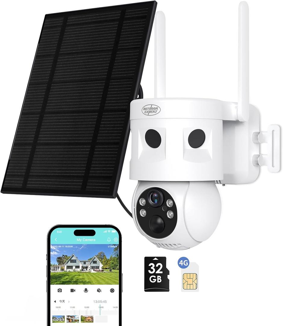 4G LTE Cellular Security Camera 180°Automatic Intrusion Detection and 360°Panoramic View Home and Outdoor Security Camera with Solar Panel, 2K Video Illumination at Night-4G-New