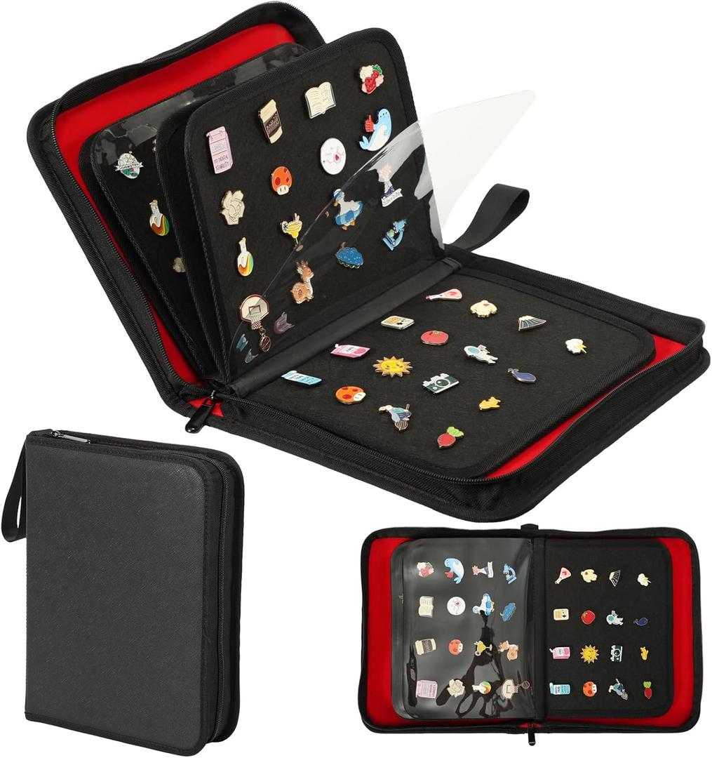 Oeun fan Enamel Pin Display Book, 6-Page Pin Trading Book, Portable Pin Bag and Pin Board (PU Black)