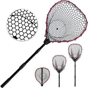 64" 51" 3-Section Telescoping Metal Lock Fishing Net with Handle Hoop:16X20in Red Green Rubber Fish Net - Adjustable Length Lightweight Foldable Large Big Collapsible Extendable Fishing Net