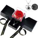 Preserved Real Red Rose with Matching Red LED Light & 100 Languages Necklace - Eternal Mother's Day Birthday Gifts for Women Mom Wife Grandma - Romantic Anniversary Present in Elegant Gift Box