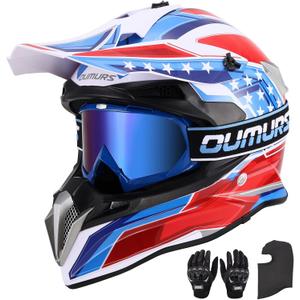 OUMURS DOT Adult Dirt Bike Helmet with Goggles Gloves & Mask Adjustable Sun Visor Motorcycle Adult ATV Helmet Off-Road Motocross Downhill Moped MX BMX for Unisex Adult-188-Blue Star, Medium