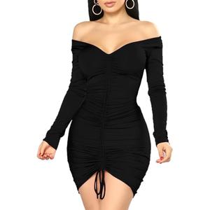 Women's Sexy Elegant Long Sleeve Off The Shoulder Ruched Mini Dress, L