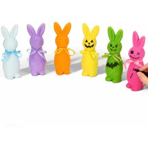 6 Pcs Halloween DIY Flocked Bunny Figurines Paintable Rabbit Decor Set