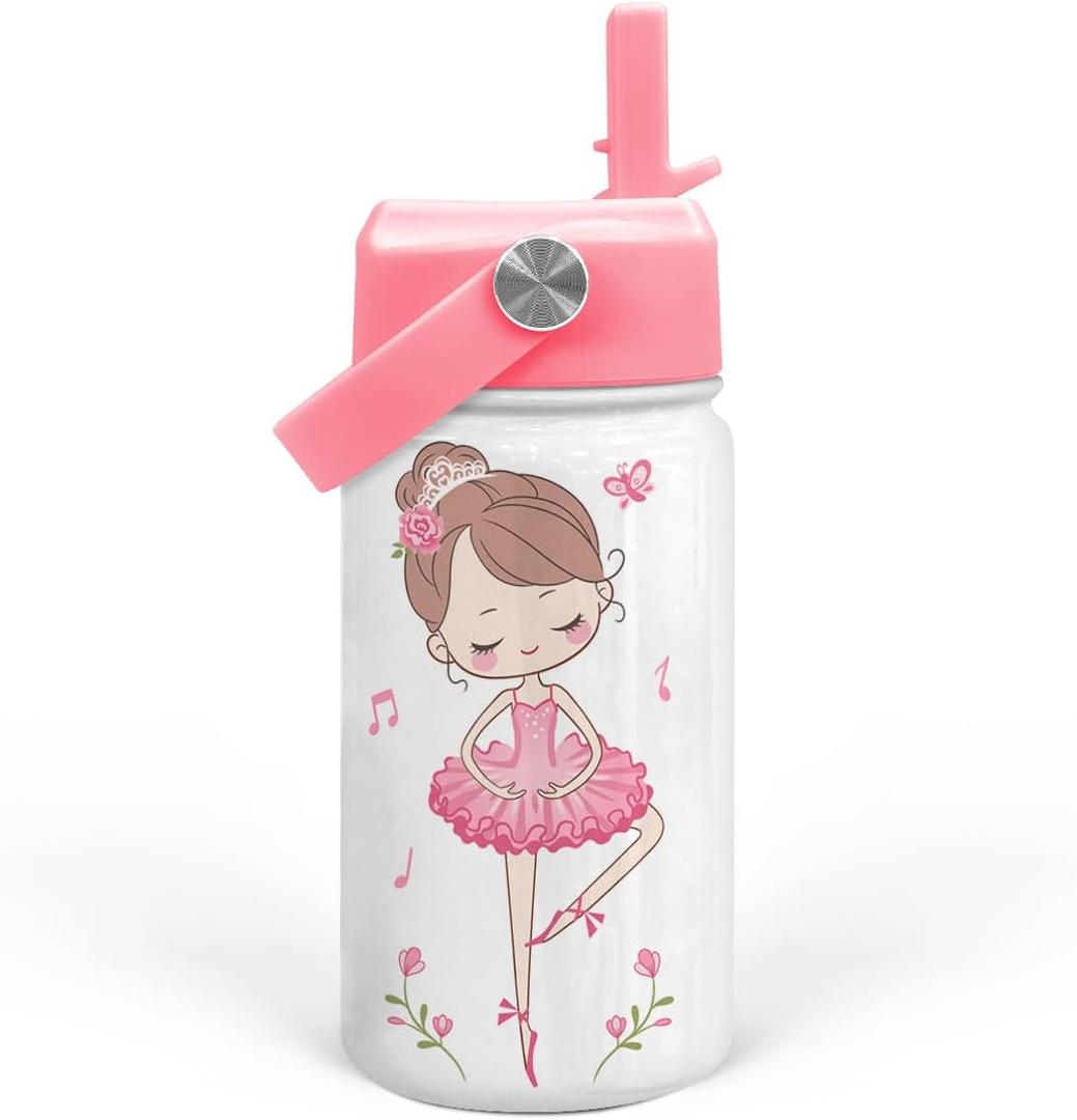 SANDJEST Ballet Water Bottle - Kids Water Bottle with Straw Lid - 12 Oz Insulated Stainless Steel Water Bottles for Kid Girls - Travel Cup for School Sports