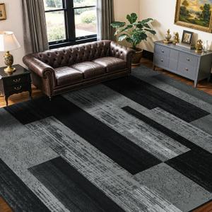 LIANLAM 9x12 Washable Area Rugs for Living Room & Bedroom(9x12,Black&Gray) | Non-Slip Large Carpet,Vintage Checkered Pattern, Stain Resistant Faux Wool Low Pile Soft Rug for Dining Room,Office,Nursery