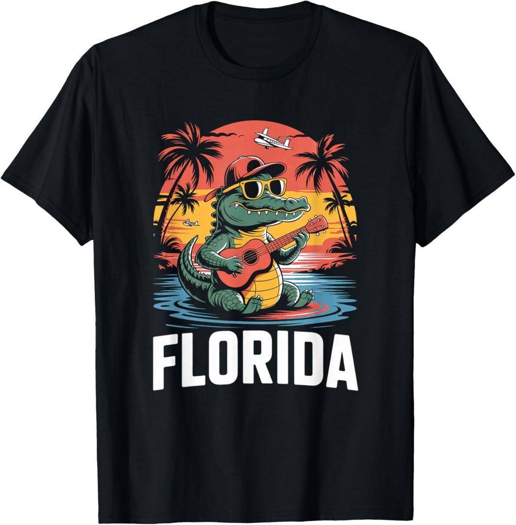 Florida Alligator with Sunglasses Summer Vacation Tee T-Shirt, Large