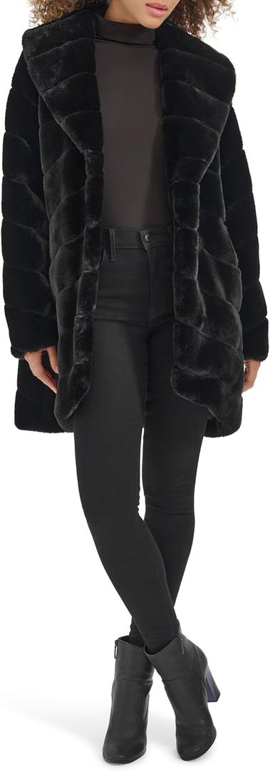 Kenneth Cole Women's Plush Grooved Faux Mink Coat With Shawl Collar (Black)
