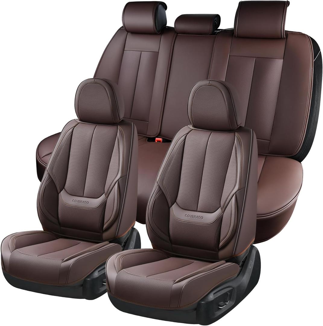 Coverado Car Seat Covers Full Set, Seat Covers for Cars, Car Seat Covers Front Seats and Back, Brown Car Seat Protector Waterproof, Nappa Leather Car Seat Cushion Fit for Most Cars