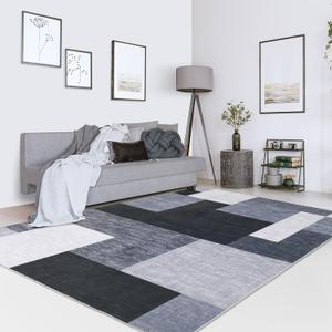 COZYLOOM 9x12 Living Room Area Rug Modern Boxes Large Bedroom Rug Indoor Non-Slip Geometric Throw Floor Cover Stain Resistant Contemporary Area Rug Abstract Carpet for Bedroom Home Decor, Grey